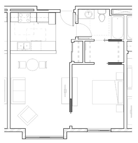 Floor plan for 1 bed, 1 bath, 584 sqft